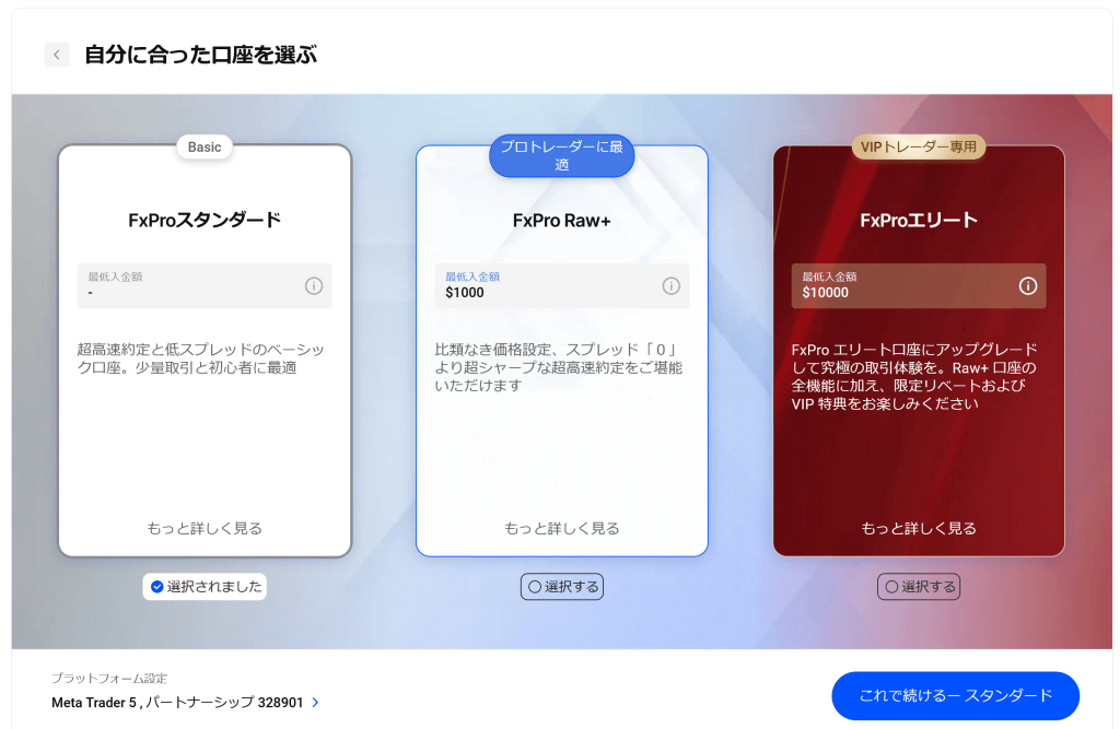 FXPro取引口座の選択